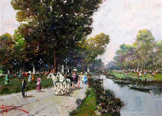 A. Azavina Edwardian park scene, 20 x 28in.